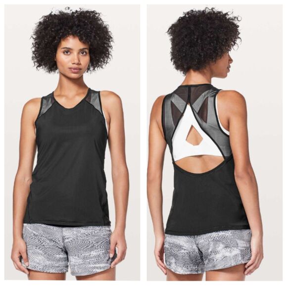 Lululemon For The Run Size 4 Open Back Keyhole Tank Top Black Mesh Gym Running - Picture 1 of 8